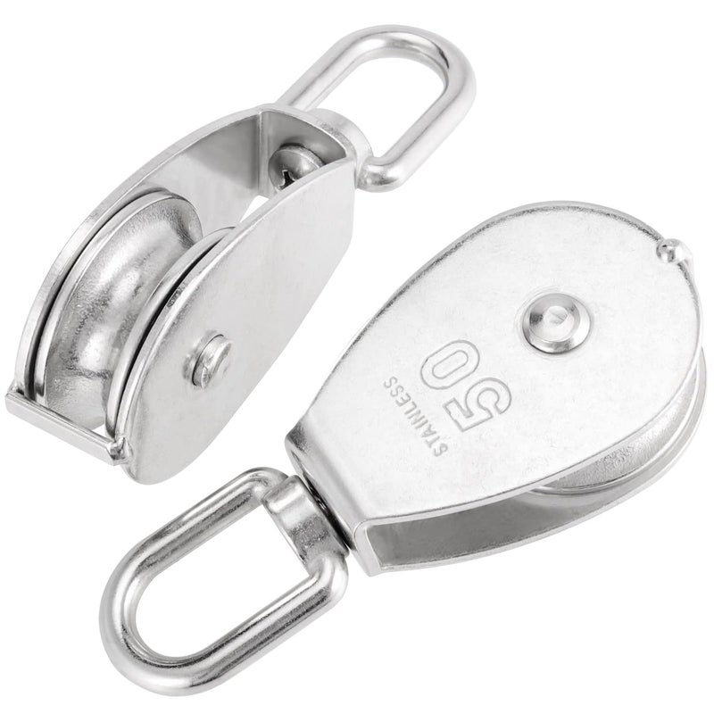 PINGEUI 6 Pack M50 Single Pulley Block, 304 Stainless Steel Lifting Wire Crane Pulley Roller, Heavy Duty Silver Swivel Hook Single Pulley Block for 0.5 in Wire Rope, Loading 880 Lbs - Image 5