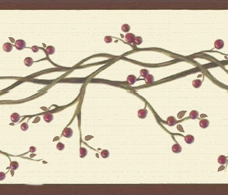 Dundee Deco Wallpaper Border Peel and Stick DDAZBD9033 Retro Red Beige Winterberries on Vine Wall Border Retro Design 15 ft x 7 in 457m x 1778cm Self Adhesive