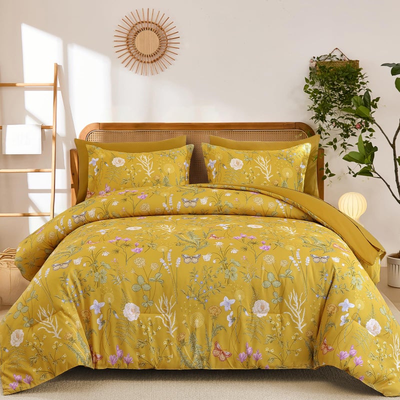 Yiran King Size Comforter Set, 7 Pieces Yellow Floral Soft Bedding Sets, King Bed in a Bag Botanical Flowers All Season Comforter, Sheets, Pillowcases & Shams - Image 1