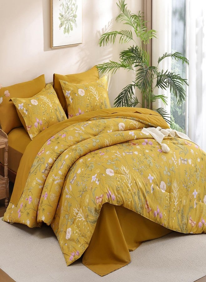Yiran King Size Comforter Set, 7 Pieces Yellow Floral Soft Bedding Sets, King Bed in a Bag Botanical Flowers All Season Comforter, Sheets, Pillowcases & Shams - Image 2