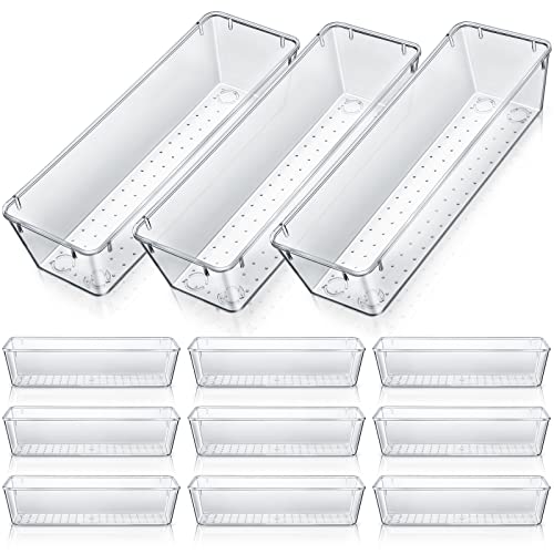 Maitys 12 Pcs Clear Drawer Organizer 9 x 3 x 2 Inches Plastic Rectangle Trays Makeup Vanity Storage Bins and Kitchen Drawers Dividers for Office Desk Silverware Kitchen UtensilsClear - Image 1