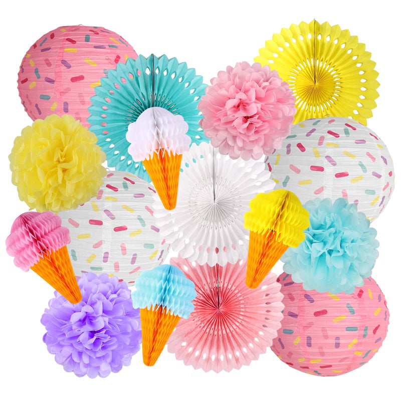 zilue Donut Party Decorations Two Sweet Birthday Party Supplies Hanging Donut Paper Lanterns Party Fans Pom Poms Flowers for Baby Shower Sweet One Birthday Party Ice Cream Party Decorations - Image 2