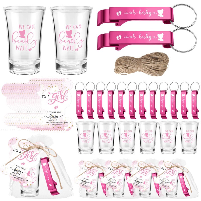 Singhoow 50 Sets Baby Shower Favor for Guests Acrylic Shot Glasses with Bottle Opener Keychains Thank You Tags and Bags Gender Reveal Party Favors for Guest Baby Shower Return Gift(Bear Girl) - Image 1