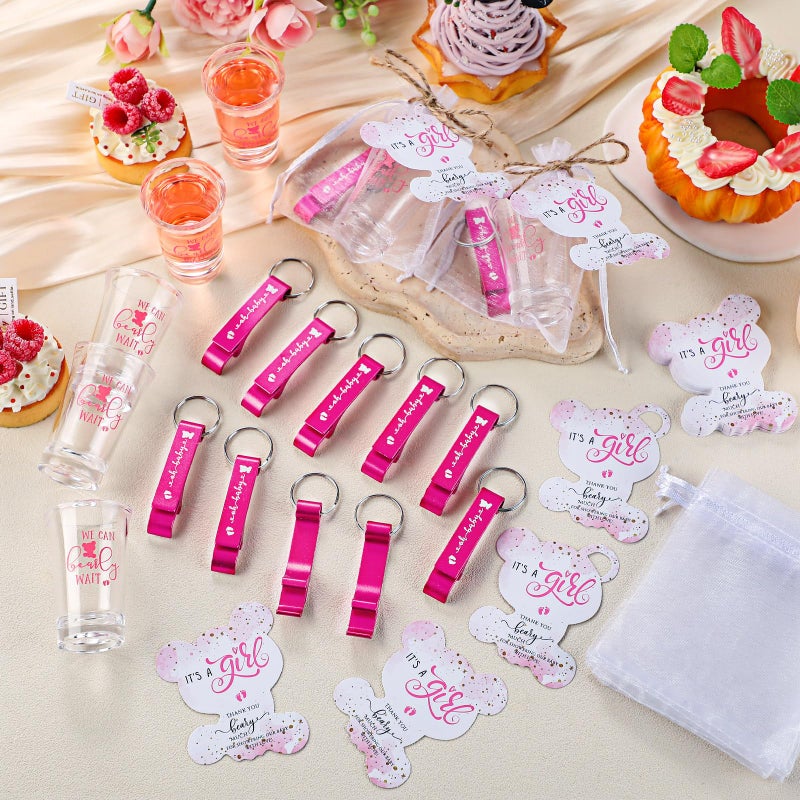 Singhoow 50 Sets Baby Shower Favor for Guests Acrylic Shot Glasses with Bottle Opener Keychains Thank You Tags and Bags Gender Reveal Party Favors for Guest Baby Shower Return Gift(Bear Girl) - Image 5