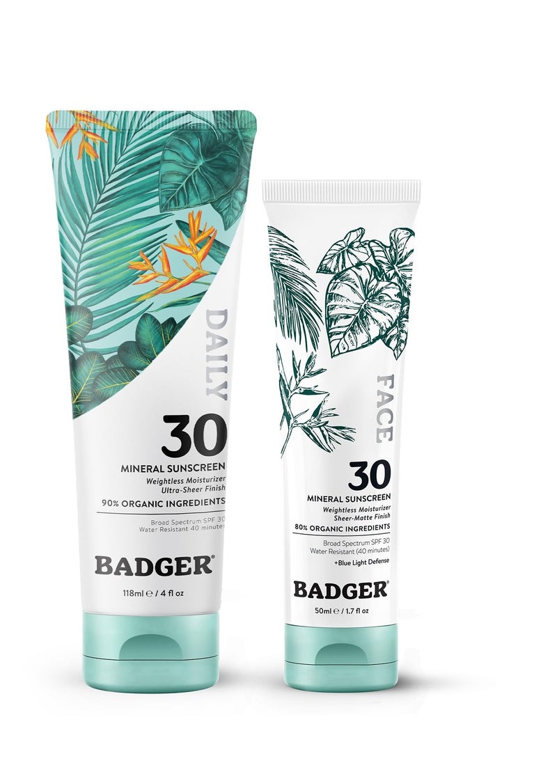 Badger Badger Mineral Daily and Face Sunscreens Combo Travel Set, Organic Sunscreen Moisturizer with SPF 30, Hydrating Everyday Sunscreen Lotion, Vegan & Unscented 1.7 fl oz & 4 fl oz  - Image 1