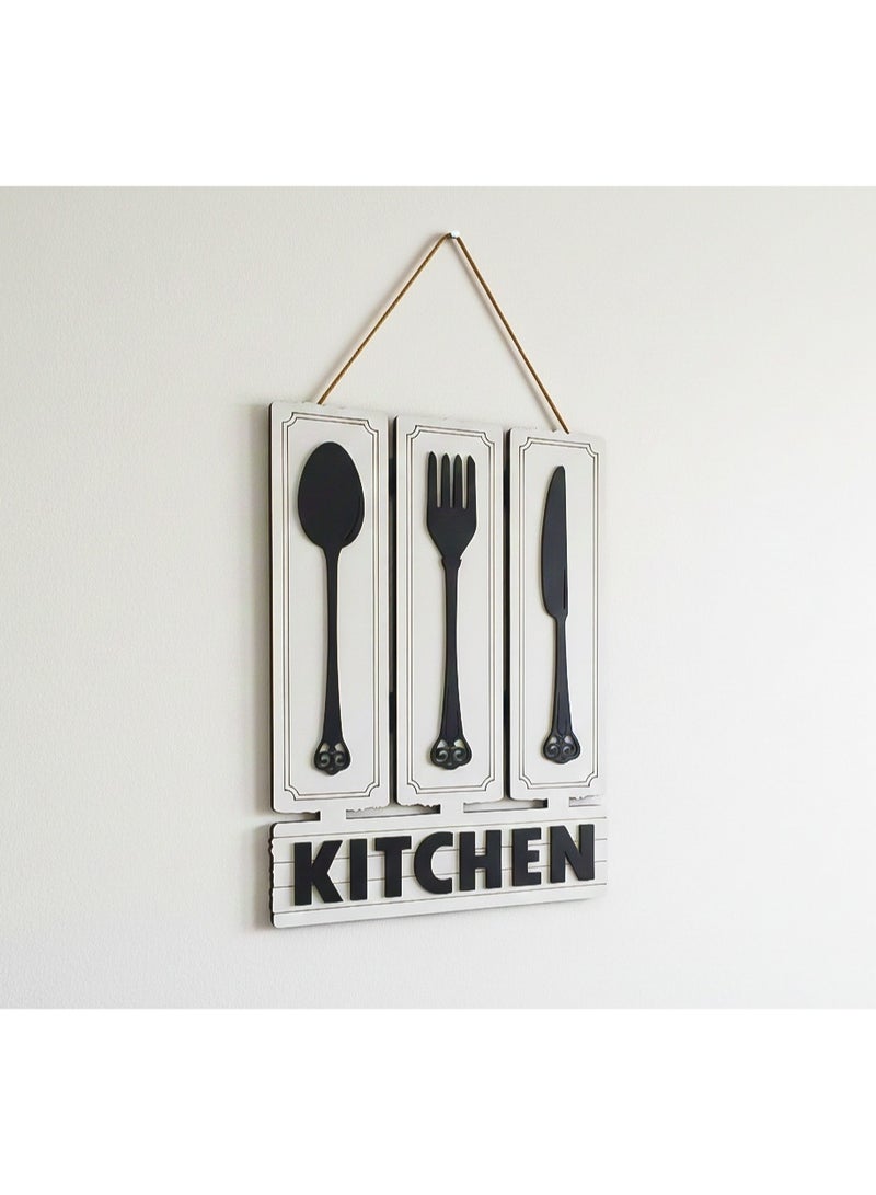 ديكور حائط للمطبخ من الخشب مميز بعبارة Kitchen , تابلوه ديكور للمطبخ, بمقاس 22*32 سم لون اسود و ابيض مصنوع من خشب MDF أسباني فاخر بسمك 8 ملم ليضفي الي مطبخك الجمال و الاناقة - Image 2