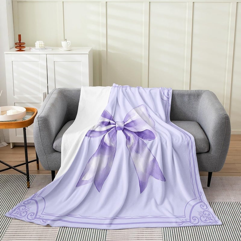 Princess Bow Fleece Blanket Twin 60x80 Inch - Ultra-Soft for Couch Sofa Bed,Dreamy Purple Bowknot Flannel Blanket,Cute Butterfly Knot Fuzzy Plush Throw for Kids Room,Watercolor Bow Tie Room Decor - Image 1