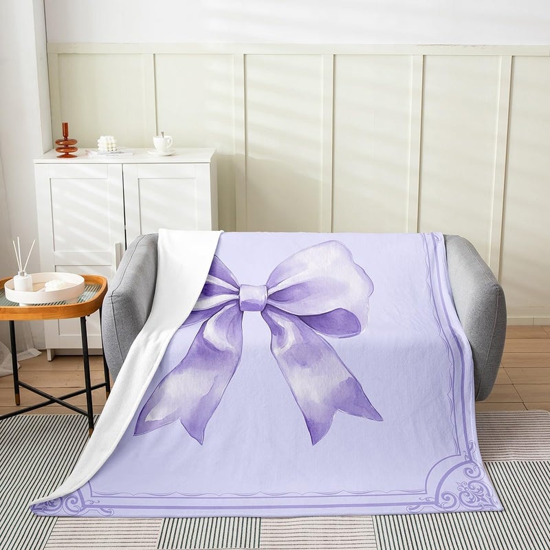 Princess Bow Fleece Blanket Twin 60x80 Inch - Ultra-Soft for Couch Sofa Bed,Dreamy Purple Bowknot Flannel Blanket,Cute Butterfly Knot Fuzzy Plush Throw for Kids Room,Watercolor Bow Tie Room Decor - Image 2