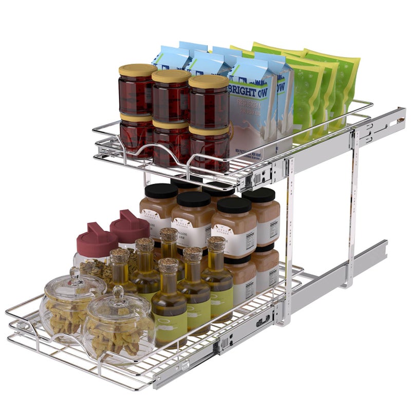 OCG 2 Tier Pull Out Cabinet Organizer 155 W x 18 D Pull Out Drawers for Kitchen Cabinets Pull Out Shelves for Base Cabinet Organization in Kitchen Bathroom Pantry Chrome Finish