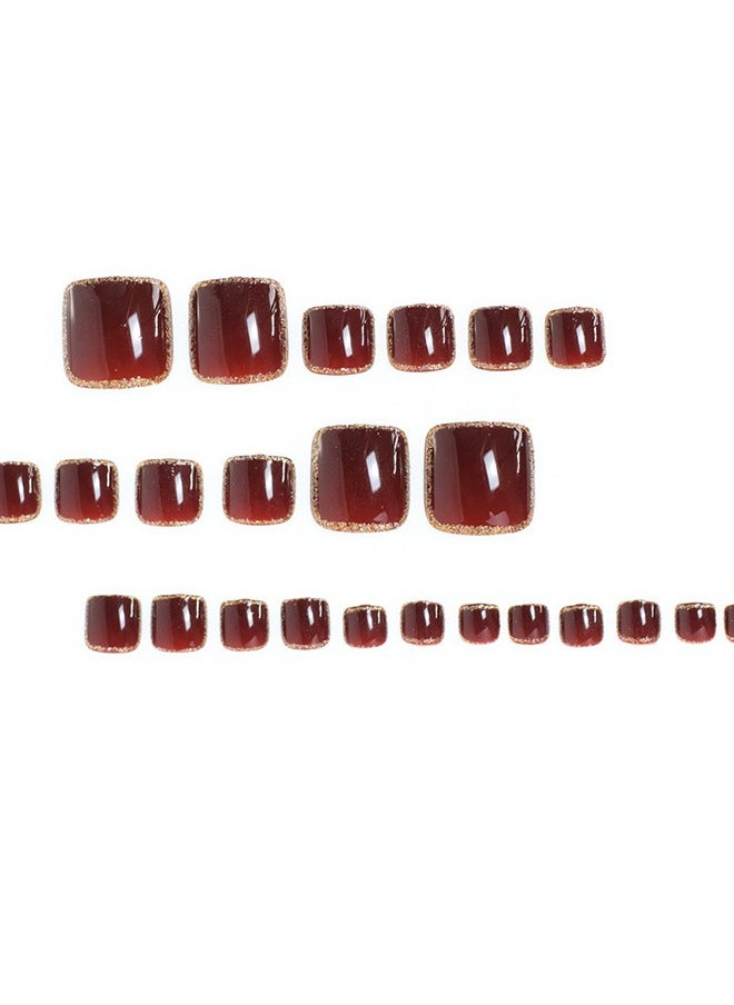 NIBEMINENT - 24Pcs Fake Toenails, Press Toenails,12 Size In Box,Short-length Manicure,Claret Wine Red Solid Color Shiny Nail Art,Gold Shining,Fake Nail Patch - Image 1