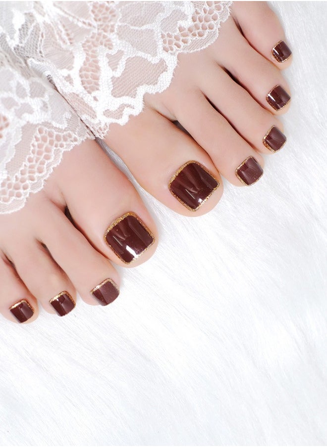 NIBEMINENT - 24Pcs Fake Toenails, Press Toenails,12 Size In Box,Short-length Manicure,Claret Wine Red Solid Color Shiny Nail Art,Gold Shining,Fake Nail Patch - Image 1