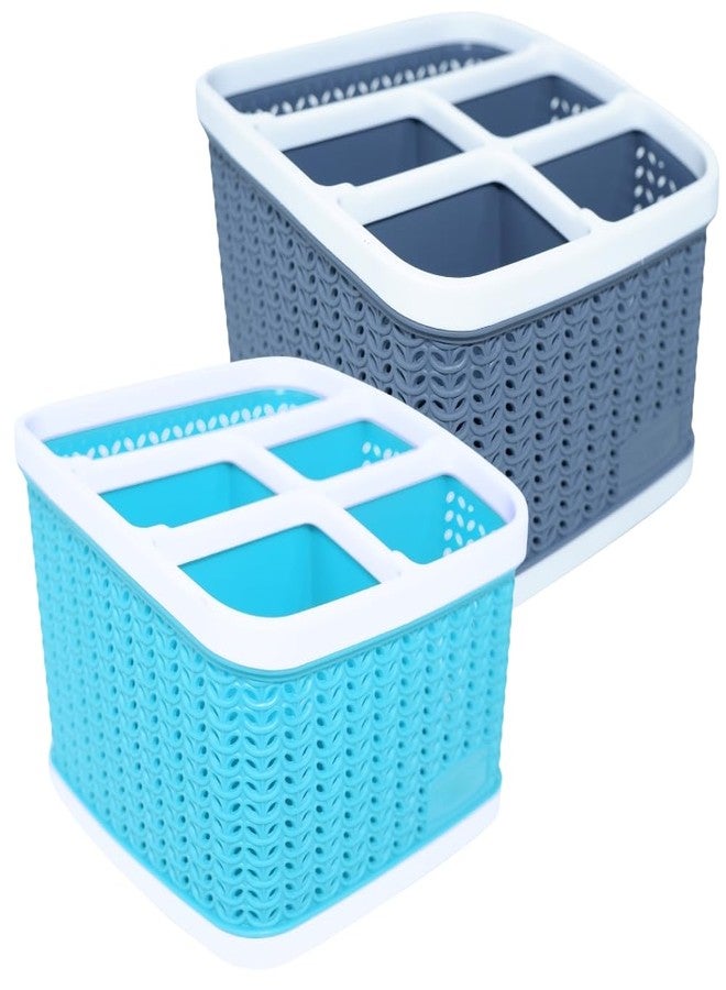 MORVI Stylo Plastic Multipurpose Desk Organizer With 5 Compartments|For Home,Kitchen,Bathroom,Parlour,Office|Pen Stand,Cutlery,Stationary,Cosmetic,Tooth Brush|Set Of 2|Grey Blue - Image 1