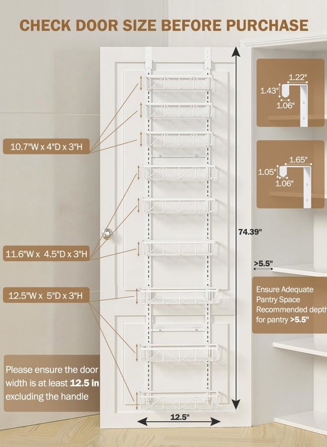 Delamu Narrow 9-Tier Over the Door Pantry Organizer, Adjustable Pantry Organizers and Storage, Metal Hanging Spice Rack Organizer, Cabinet Door Organizer for Kitchen Bathroom Laundry Room, 12.5" White - Image 2