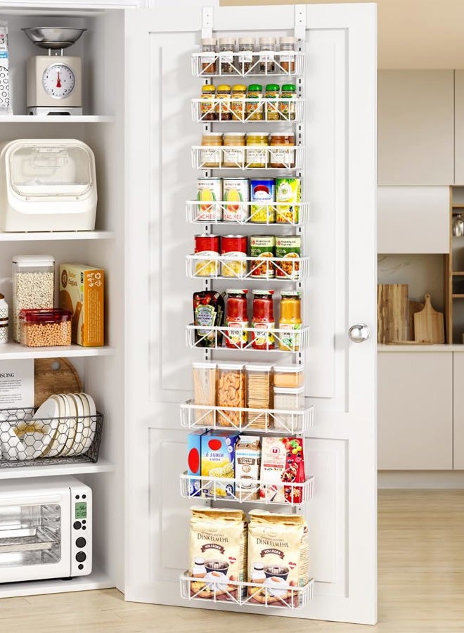 Delamu Narrow 9-Tier Over the Door Pantry Organizer, Adjustable Pantry Organizers and Storage, Metal Hanging Spice Rack Organizer, Cabinet Door Organizer for Kitchen Bathroom Laundry Room, 12.5" White - Image 1
