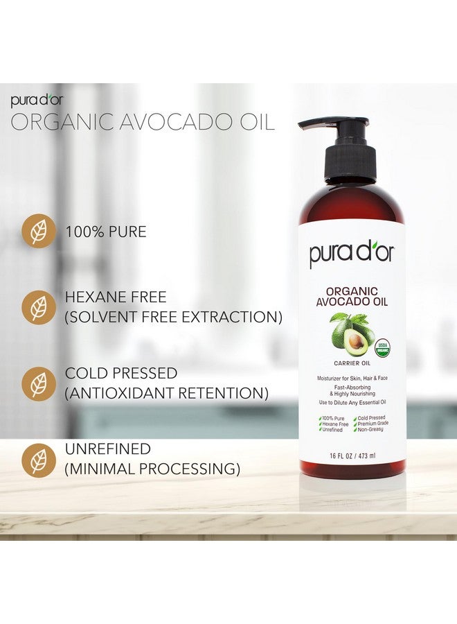 Pura d'or 16 Oz Organic Avocado Oil - 100% Pure & Natural Usda Certified Cold Pressed Carrier Oil For Diy Beauty, Non-Greasy, Unscented, Hexane Free Liquid Moisturizer - Face Skin & Hair - Men & Women - Image 1