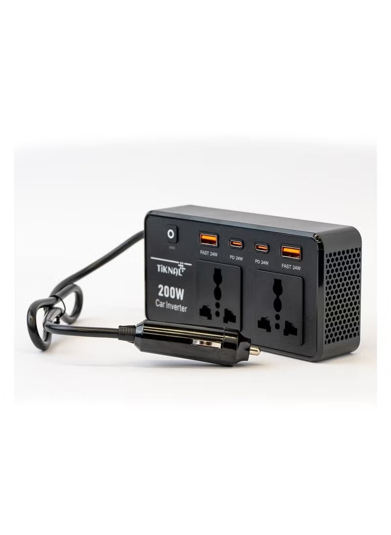 تكنال - محول كهرباء سيارة 200 واط من TiKNAL بمنفذين AC و4 منافذ USB/PD - لشحن الأجهزة اللابتوب والكمبيوتر وتشغيل الأدوات أثناء السفر - Image 1