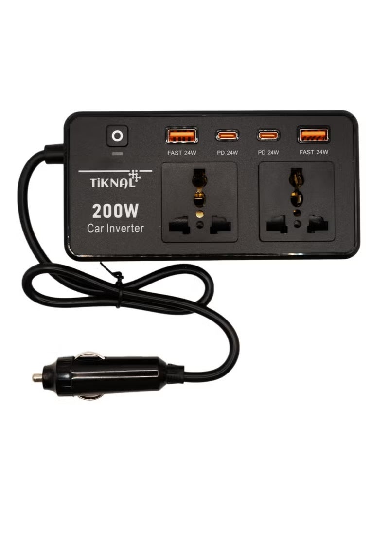 تكنال - محول كهرباء سيارة 200 واط من TiKNAL بمنفذين AC و4 منافذ USB/PD - لشحن الأجهزة اللابتوب والكمبيوتر وتشغيل الأدوات أثناء السفر - Image 1