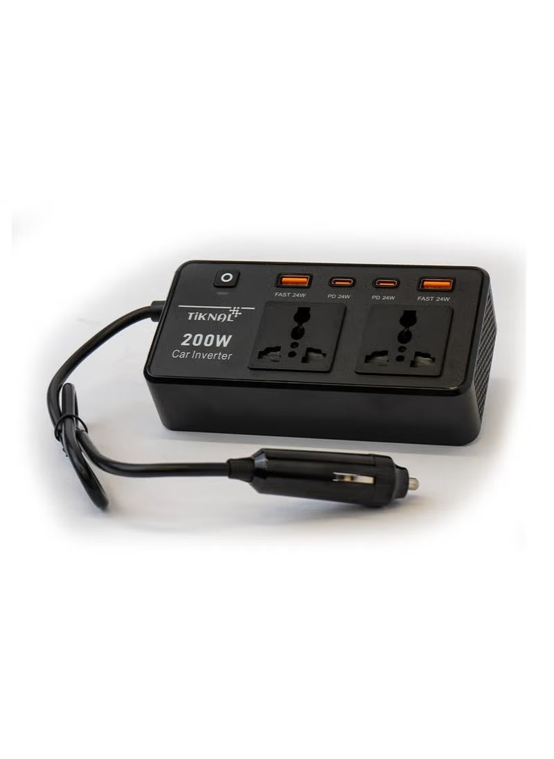 تكنال - محول كهرباء سيارة 200 واط من TiKNAL بمنفذين AC و4 منافذ USB/PD - لشحن الأجهزة اللابتوب والكمبيوتر وتشغيل الأدوات أثناء السفر - Image 1