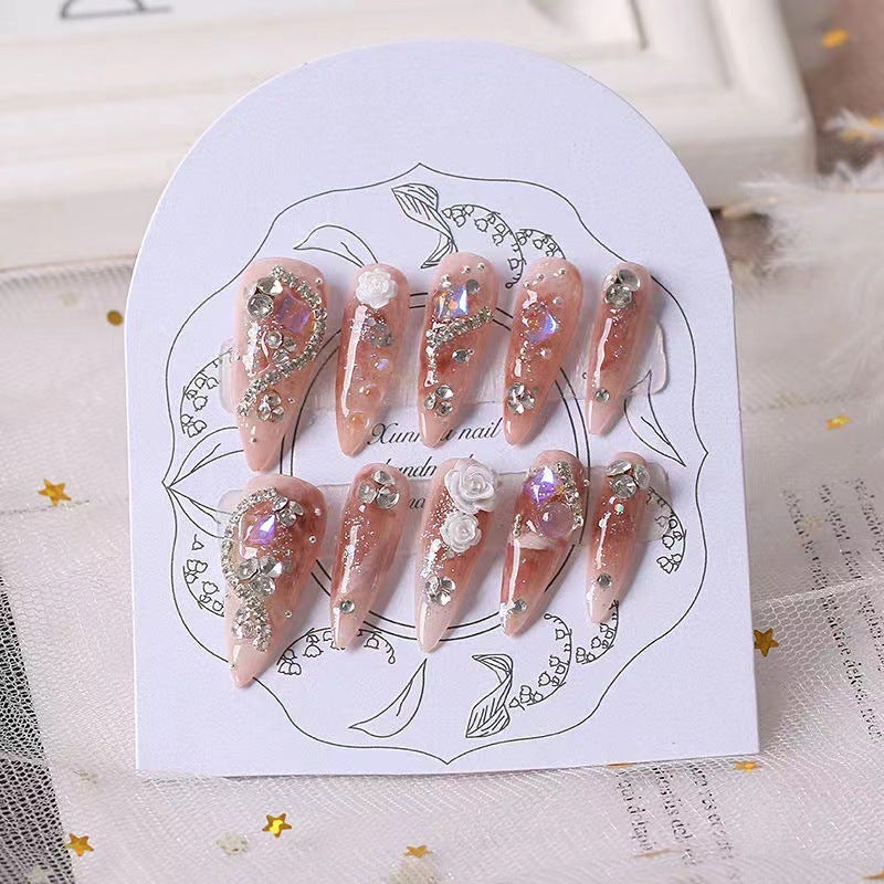 Handmade Potherapy Wearing Armour Almond Armour Full Diamond Camellia Wearing Armour Finished Product Reusable Nail Art - Image 2