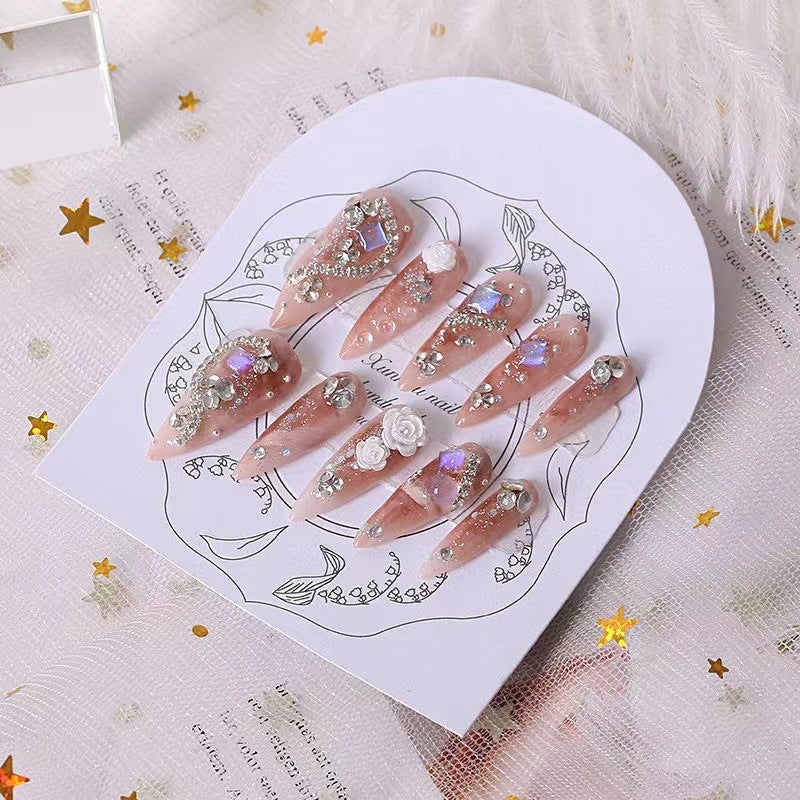 Handmade Potherapy Wearing Armour Almond Armour Full Diamond Camellia Wearing Armour Finished Product Reusable Nail Art - Image 3