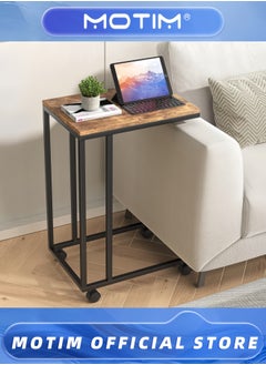 Motim End Table C Shaped TV Tray with Metal Frame Rolling Casters Industrial Side Table for Living Room Bedroom 19.7 x 13.8 x 23.6 Inches  - Image 3