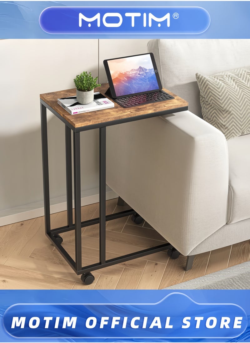 Motim End Table C Shaped TV Tray with Metal Frame Rolling Casters Industrial Side Table for Living Room Bedroom 19.7 x 13.8 x 23.6 Inches  - Image 3