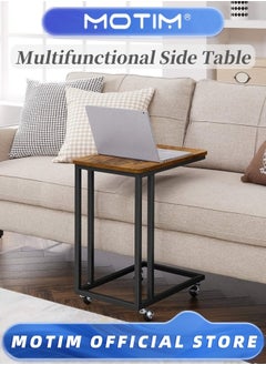 Motim End Table C Shaped TV Tray with Metal Frame Rolling Casters Industrial Side Table for Living Room Bedroom 19.7 x 13.8 x 23.6 Inches  - Image 1