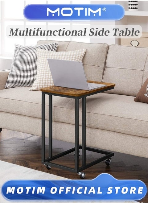 End Table C Shaped TV Tray with Metal Frame Rolling Casters Industrial Side Table for Living Room Bedroom 19.7 x 13.8 x 23.6 Inches