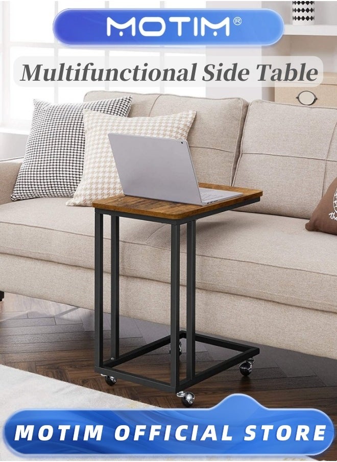 Motim End Table C Shaped TV Tray with Metal Frame Rolling Casters Industrial Side Table for Living Room Bedroom 19.7 x 13.8 x 23.6 Inches  - Image 1