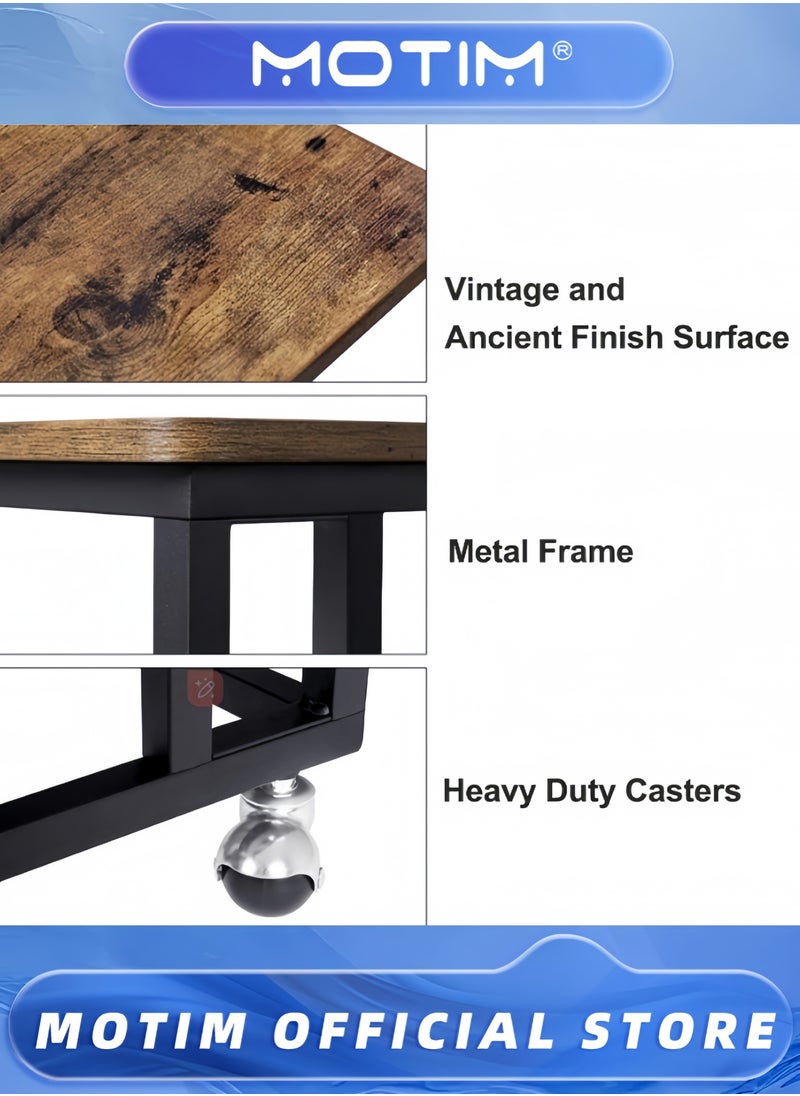 End Table C Shaped TV Tray with Metal Frame Rolling Casters Industrial Side Table for Living Room Bedroom 19.7 x 13.8 x 23.6 Inches