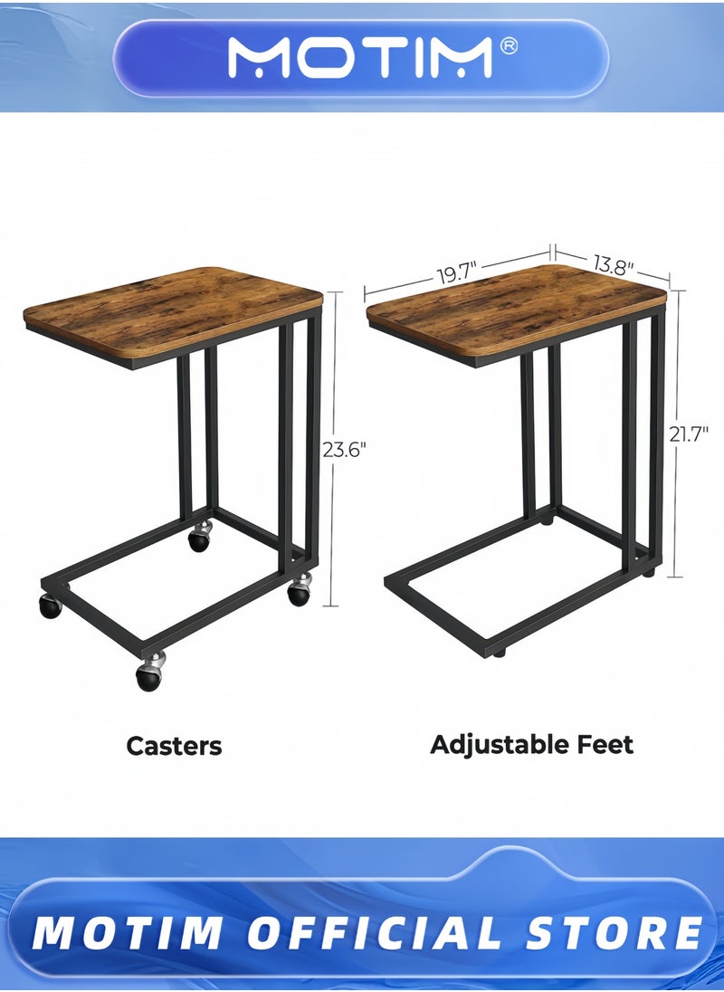 End Table C Shaped TV Tray with Metal Frame Rolling Casters Industrial Side Table for Living Room Bedroom 19.7 x 13.8 x 23.6 Inches