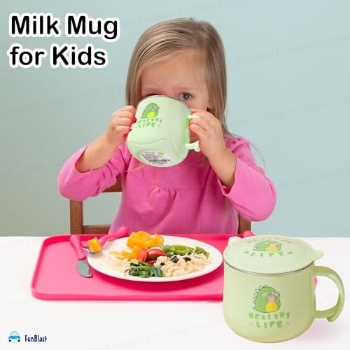 FunBlast Milk Mug for Kids 280 ML – Cartoon Design BPA Free Mug with Lid, Stainless Steel 304 Cup, Mug for Kids & Toddlers, Double Wall Vacuum Insulated Cup (Green) - Image 2