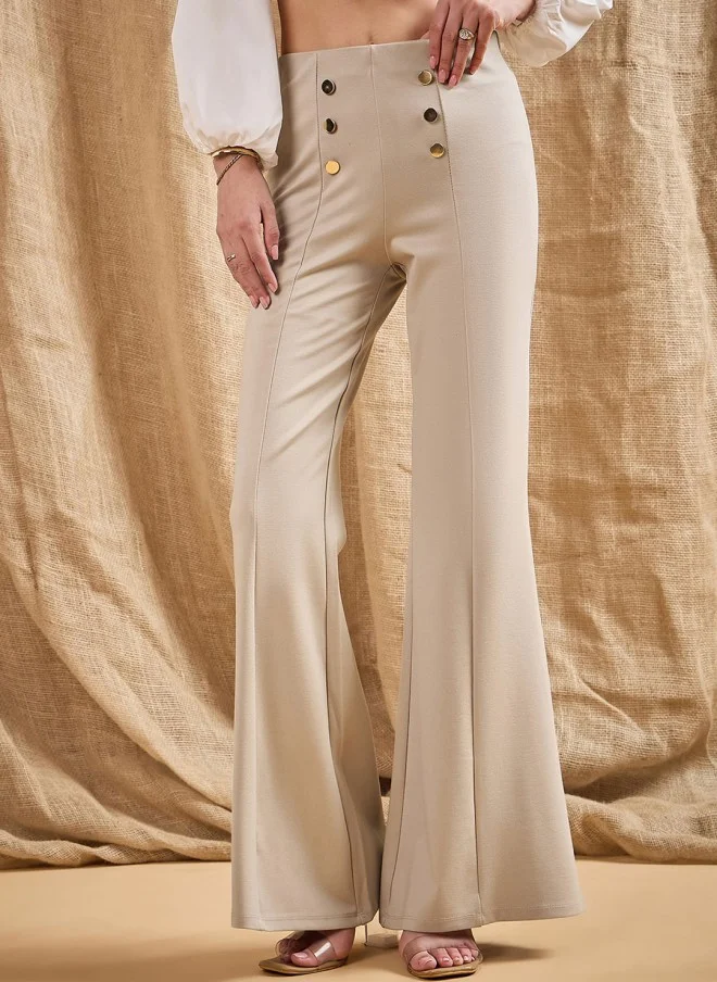 ساسافراس Beige High-Rise Flared Trousers for Women