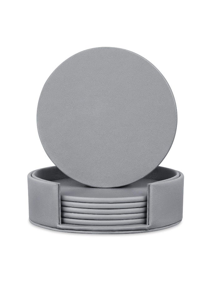 Hoopoton 6 Pieces Grey Coasters, Coasters for Drinks with a Holder Cup Mat Pad Protect Furniture from Coffee or Tea Marks(Grey, Round) - Image 1