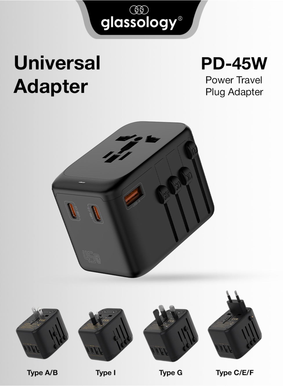 glassology Universal Travel Adapter PD 45W GaN International Charger Worldwide Power Adapter for EU, US, UK, AU, 4‑Port Fast Charging 2 USB C, 2 USB A, Smart Charging & Built‑in International Plugs