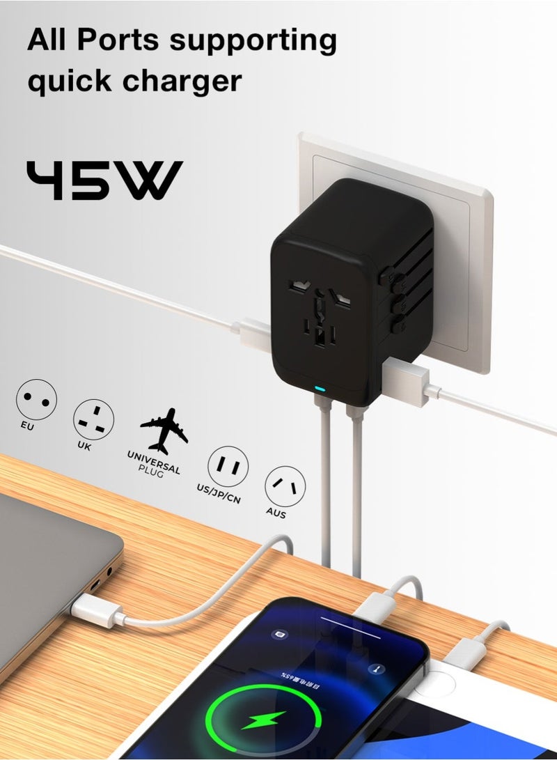 جلاسولوجي Universal Travel Adapter PD 45W GaN International Charger Worldwide Power Adapter for EU, US, UK, AU, 4‑Port Fast Charging 2 USB C, 2 USB A, Smart Charging & Built‑in International Plugs - Image 3