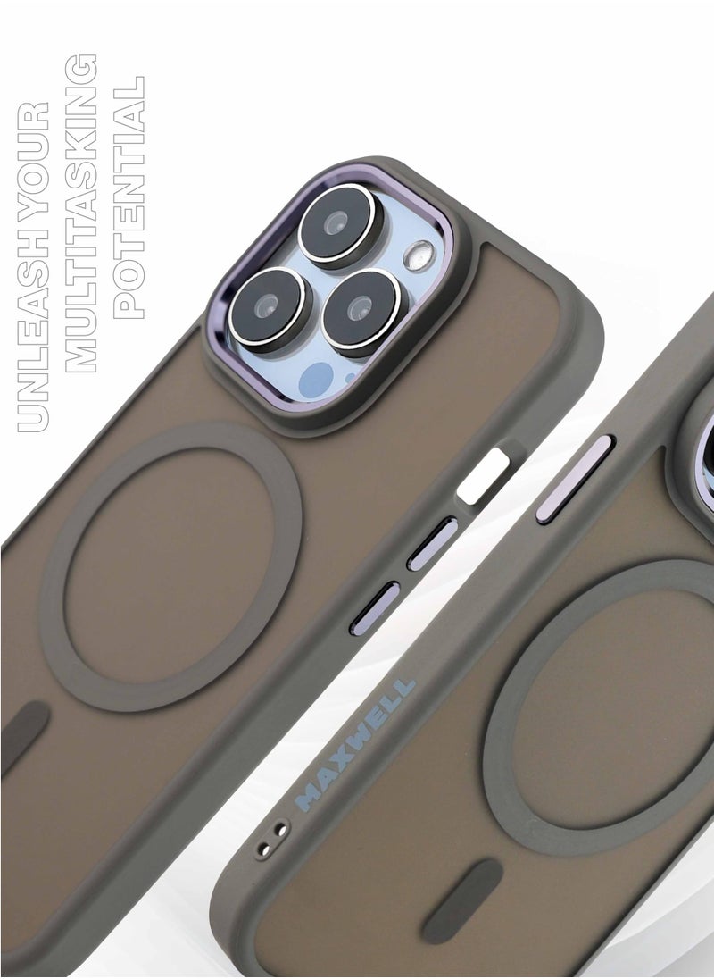 Maxwell Electronics - Maxwell Silky Touch Compatible with MagSafe Case for iPhone 15 Pro Max - Full Protection, Metallic Camera Lens Guard, Matte Smooth Finish, Compatible with MagSafe (Gray) - Image 1