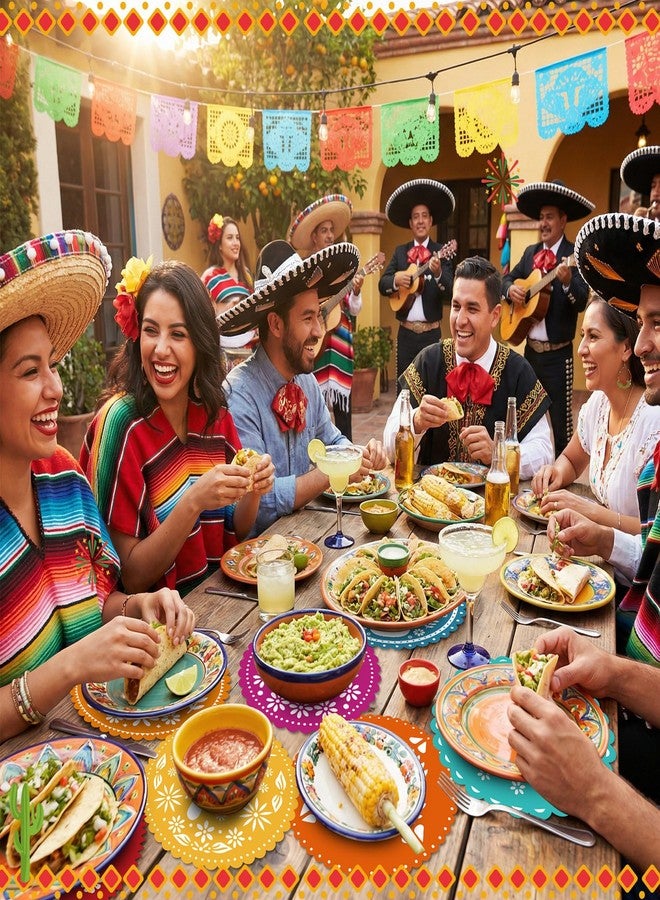Willinglong 120 Pcs Fiesta Paper Place Mats 12" Mexican Papel Picado Cinco De Mayo Disposable Placemat Round Paper Doilies Cutouts for Mexican Party Supplies Tableware Decoration(Colorful) - Image 3