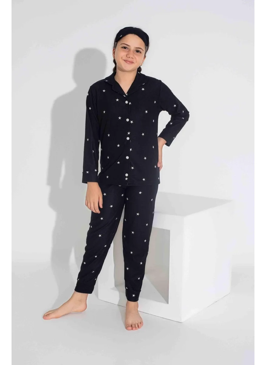 Mutlu City New Season Autumn/Winter Mother / Daughter Star Patterned Suede Pajama Set 2724-10 Black Star