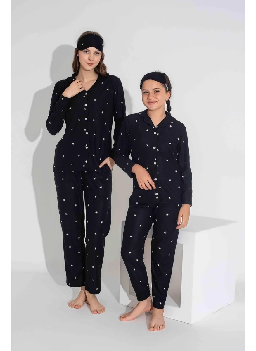 Mutlu City New Season Autumn/Winter Mother / Daughter Star Patterned Suede Pajama Set 2724-10 Black Star