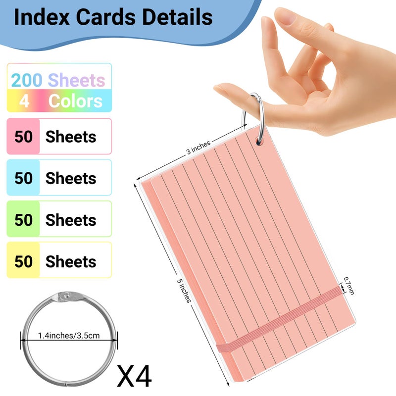 HAUTOCO Colored Index Cards 3x5 Inch 200 PCS Flash Cards with Ring Ruled Notecards with Waterproof Covers Flashcards for Studying School College Office, 4 Colors - Image 2