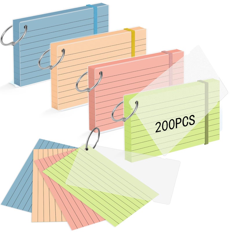 HAUTOCO Colored Index Cards 3x5 Inch 200 PCS Flash Cards with Ring Ruled Notecards with Waterproof Covers Flashcards for Studying School College Office, 4 Colors - Image 1