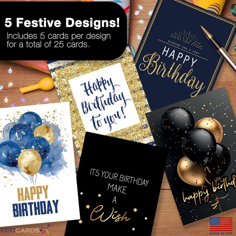 CEO Cards Happy Birthday Cards with Envelopes (25 Assortment Pack â€“ 5 Designs) Bulk Birthday Card Set for Family & Business (5x7 inch â€“ A7) Office, Work, Coworkers, Employees, Clients (VP2411) Made in USA - Image 4