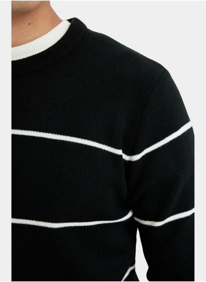 ديفاكتو Regular Fit Crew Neck Striped Knit Sweater by Styli