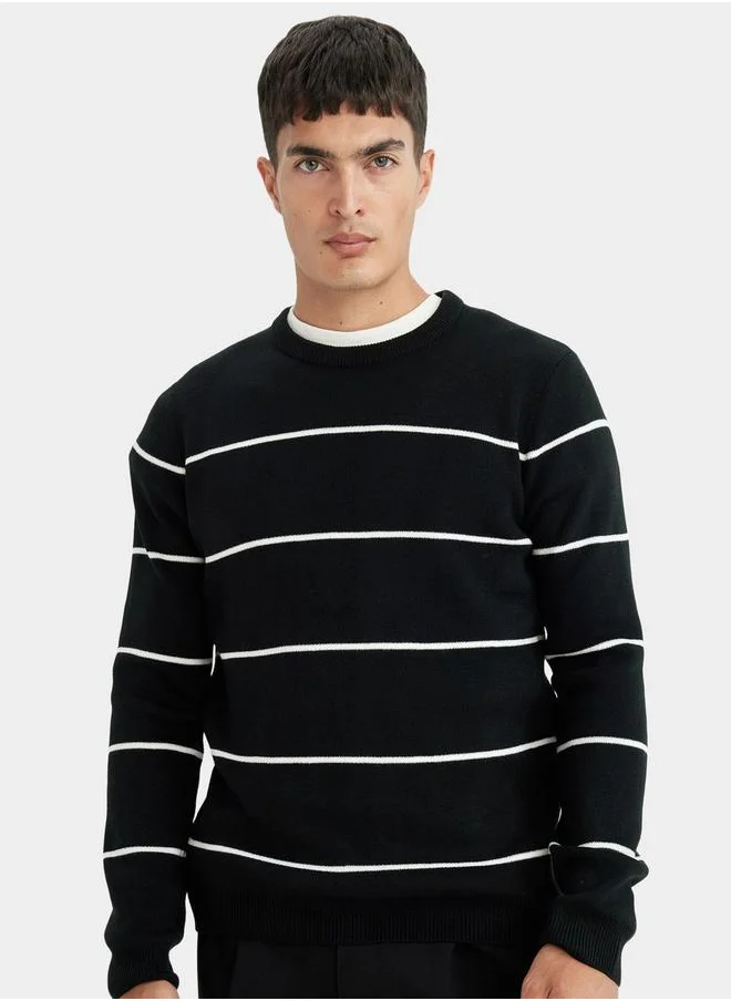 DeFacto Regular Fit Crew Neck Striped Knit Sweater