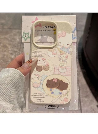 White Litchi Texture Hello Kitty Dining Table Case for iPhone 16 Pro