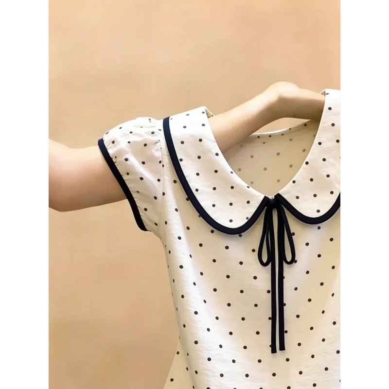 Women's Polka Dot Peter Pan Collar T-Shirt (Korean Sweet Style) - Image 2