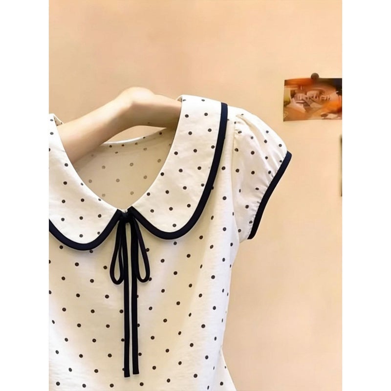 Women's Polka Dot Peter Pan Collar T-Shirt (Korean Sweet Style) - Image 3