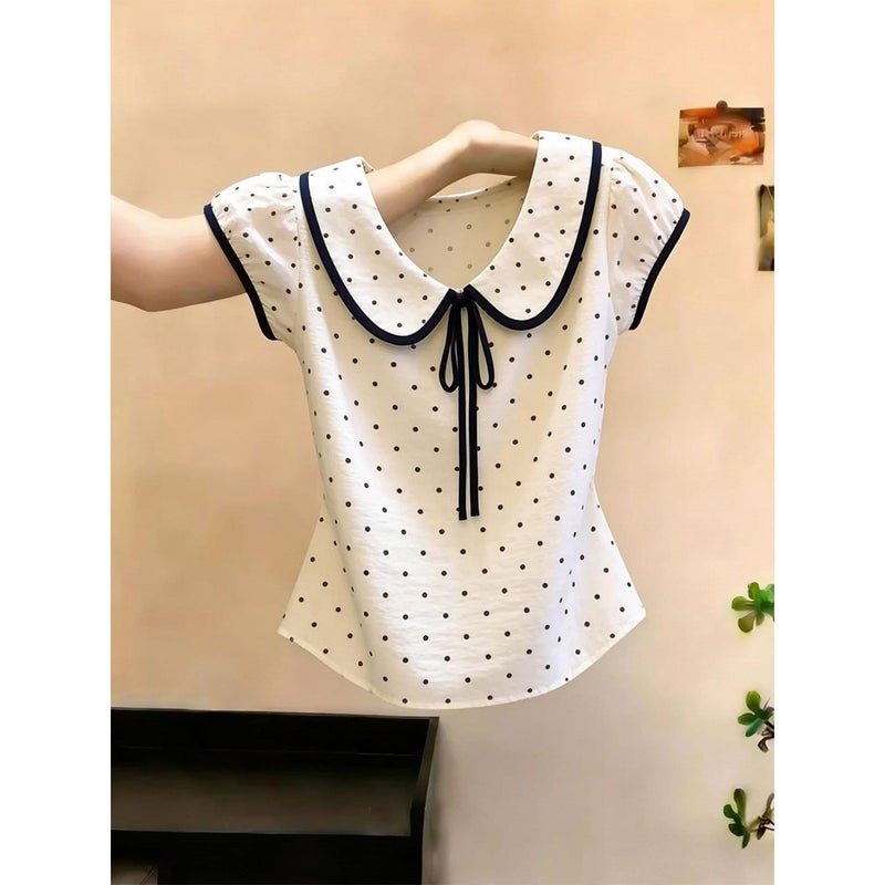 Women's Polka Dot Peter Pan Collar T-Shirt (Korean Sweet Style) - Image 1