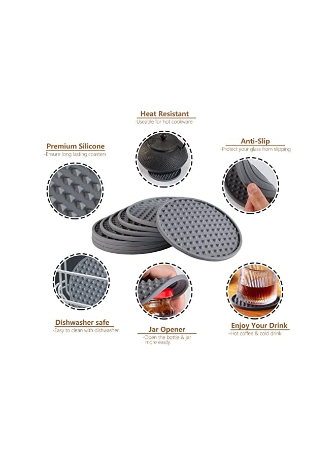The Bros Drink Coasters Set of 6 with Holder, Silicone Coasters Tabletop Protection for Any Table Type, Wood, Stone Tables, Dishwasher Safe, Coasters for Drinks Fits Any Size of Drinking Glasses (Grey) - Image 3